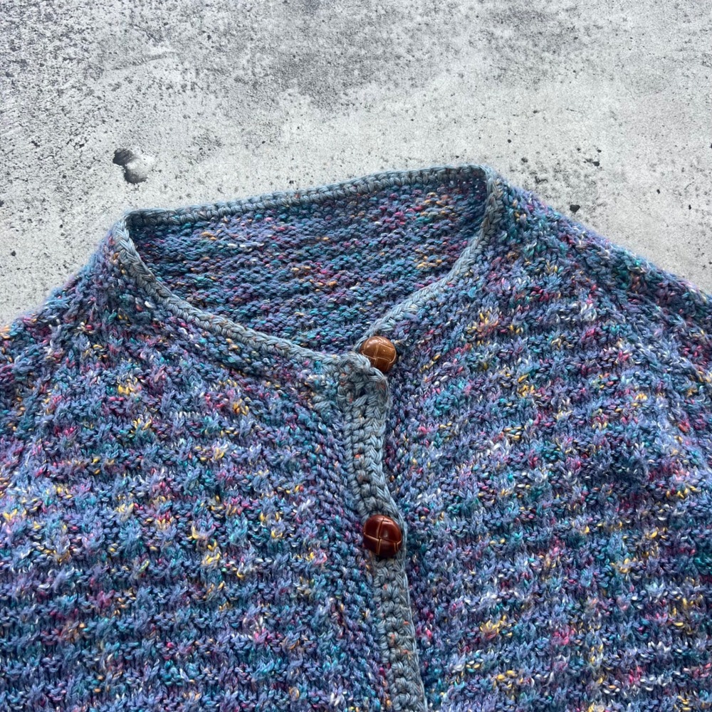 Vintage Sweater Womens Medium Blue Confetti Waffle Handknit Cardigan Grannycore - Picture 2 of 8